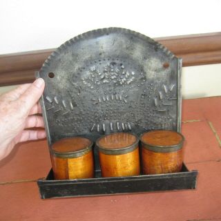 Punched Tin,  Antique Wooden Spice Tins Primitive Kitchen Hanging Spice Rack