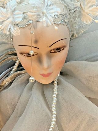 Vintage 17” Porcelain Harlequin Jester Doll Silver