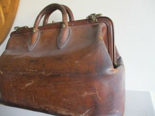 Old Or Antique Doctor Travel Bag,  Brown Leather With Brass,  Lining,