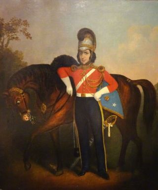 Large 19th Century British Soldier & Horse Portrait 7th Princess Royals Officer