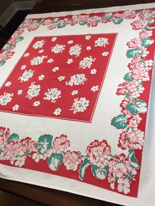 Vintage Cotton Tablecloth Red Turquoise/aqua White Geranium Phlox Flower