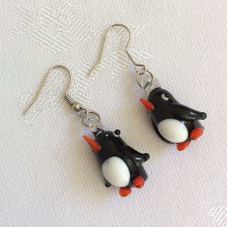 Vintage Murano Style Glass Bird Penguin Pendant Earrings