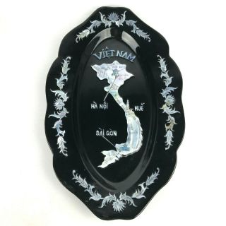 Vietnam Wall Hanging Black Lacquer Plate Inlaid Mother Of Pearl Floral Vintage