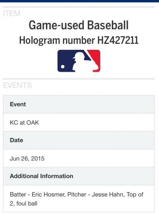 2015 Mlb Game Baseball Authenticated Athletics Royals Eric Hosmer Jessehahn