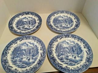 4 Vintage Currier & Ives Blue & White 8 " Salad Plates Churchill England
