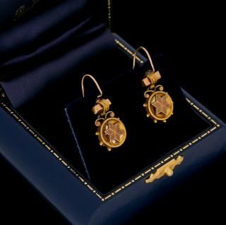 Antique Vintage Nouveau 14k Bi Gold Filled Gf Etruscan Star Motif Drop Earrings