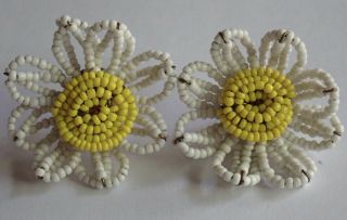 Vintage Miriam Haskell Beaded White Yellow Glass Daisy Flower Earrings