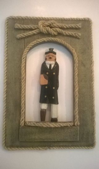 Hand Carved Wooden Sea Captain Sailor Nautical Decor Framed Folk Art Vintage