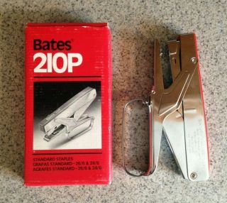 Vintage Bates 210p Plier Stapler Standard Staples Made In Japan Squeeze Loop Red