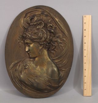 Antique Art Nouveau Woman,  Hubley Bronzed Cast Iron Oval Plaque,  Nr