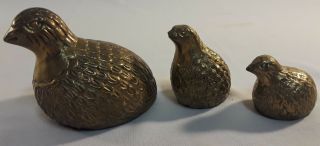 Set Of 3 Vintage Brass Quail Partridges Hen W/ Chicks