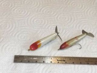 2 Vintage Old Wooden Shur - Luk Lure Co Fly Rod Injured Minnow Flyrod Lures Flies