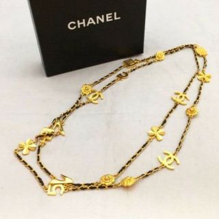 Auth Chanel Vintage Long Necklace Camelia Gold 95a Rare Total L:168cm F/s