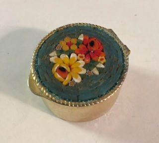 Vintage Italy Micro Mosaic Pill Trinket Box Inlaid Floral Embossed Millefiori