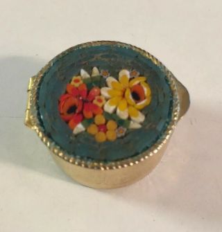 Vintage Italy Micro Mosaic Pill Trinket Box Inlaid Floral Embossed Millefiori 2