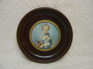 Antique Miniature Portrait / Painting - Girl With Kitten - After Perronneau