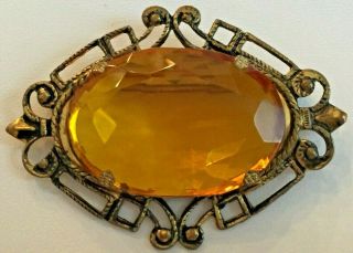 Antique Victorian Art Nouveau Gold Tone Topaz Glass Fleur De Lis Filigree Brooch
