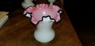 Scarce Vintage Fenton Art Glass Black Rose Crest Ruffled Vase 6 1/4 "