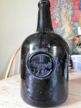 Antique Black Glass Wine Bottle I Sloggett 1791