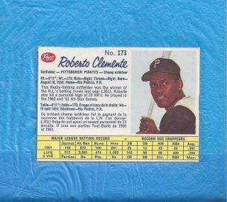 1962 Post Canadian 173 Roberto Clemente Pittsburgh Pirates Hof Sharp