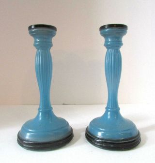 Art Glass Candlesticks Set Of 2 Vintage Cold Painted Pair Mold Pressed