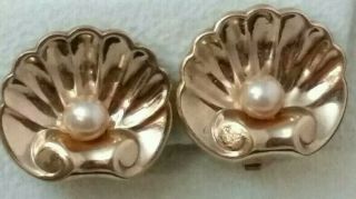 Vintage Nautical Clam And Faux Pearl Gold Plated Clip On Earrings