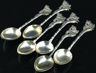 6 Great C1900 Chinese Export Sterling Silver Dragon Figural Bamboo Tea Spoons