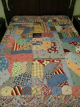 Vintage Hand Tied Crazy Quilt W Paisley Backing