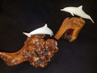 Two Vintage White Dolphins Sculpture Burl Wood Drift Wood By John Perry Tag