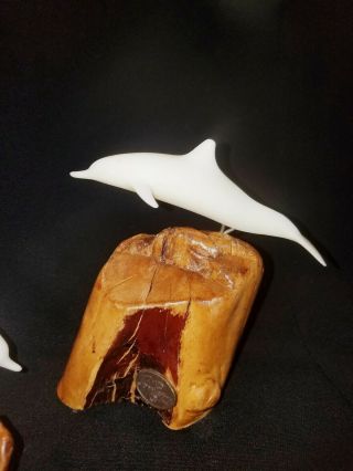 Two Vintage White Dolphins Sculpture Burl Wood Drift Wood By John Perry Tag 2