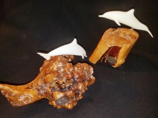 Two Vintage White Dolphins Sculpture Burl Wood Drift Wood By John Perry Tag 3