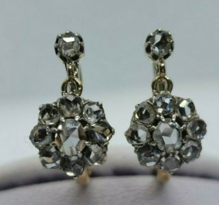 19th C Diamond 1.  4 Ct Rose Cut Gold 18k Earrings Victorian