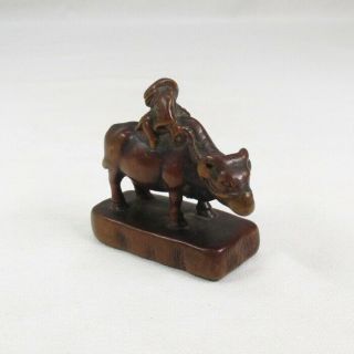 D478: Really Old Japanese Wooden Netsuke Of Ox Statue With Wonderful Taste