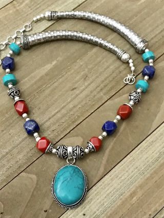 Beaded Necklace With Silver And Turquoise Stone Pendant Boho Hippie Vintage