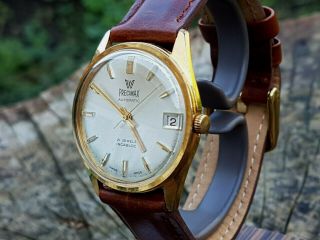 Vintage Watch Precimax 1960s Auto 21 Jewel Gold Plated Brown Leather Strap