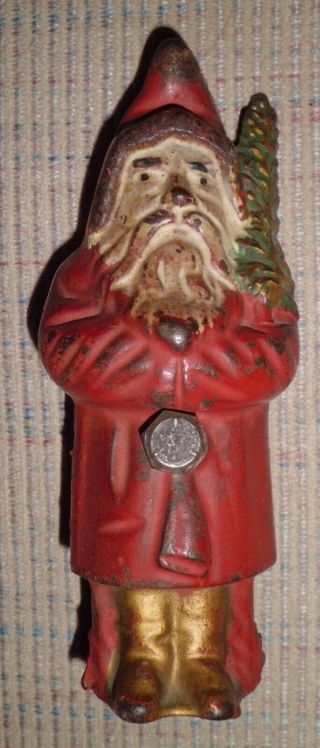 Rare Old Antique Cast Iron Still Bank Santa With A Tree,  Authentic Nr