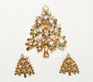 Vintage Christmas Tree Gold Tone And Rhinestone Brooch And Pierced Earrings