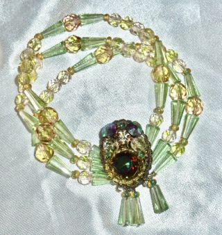 Vintage - 3 - Strand - Green & Yellow Bead Bracelet W/aurora Borealis Clasp