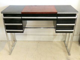 Antique 1930s Art Deco Tubular Chrome Black Writing Desk Vanity Table Rohde Era