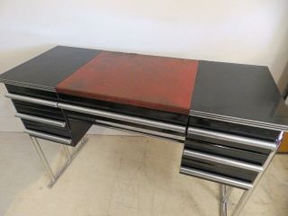 Antique 1930s Art Deco Tubular Chrome Black Writing Desk Vanity Table Rohde Era 3