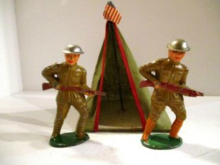 Two,  Vintage,  Barclay 706 Soldiers Charging In Paint With Vintage Tent