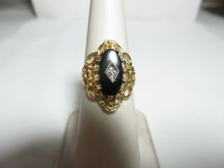 Vintage 1940s 10k Solid Gold Ring With Natural Onyx And Diamond