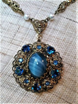 Vintage Gold Tone Pendant With Blue Crystals And Art Glass