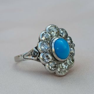Platinum Turquoise Diamond Ring Vintage Diamond Halo Ring Daisy Cluster Antique