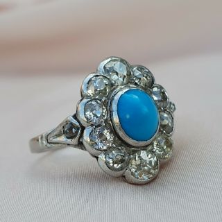 Platinum Turquoise Diamond Ring Vintage Diamond Halo Ring Daisy Cluster Antique 2