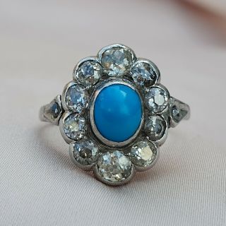 Platinum Turquoise Diamond Ring Vintage Diamond Halo Ring Daisy Cluster Antique 3