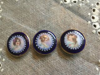 Antique Set Of 3 Hand Painted On Porcelain Stud Buttons With Portraits Of Ladies