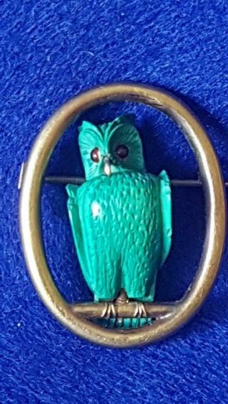 Marvellous Victorian Antique 9ct Solid Gold Brooch W Carved Malachite Owl
