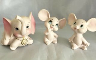3 Vtg Kelvin Pink Elephant Wolin Pottery Mice Mid Century Pink Bisque Figurines