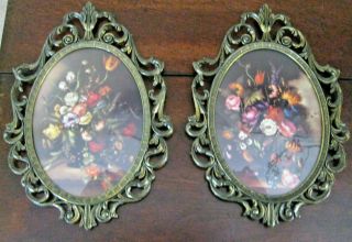Vintage Oval Floral Pictures Ornate Metal Frames Convex Glass Italy